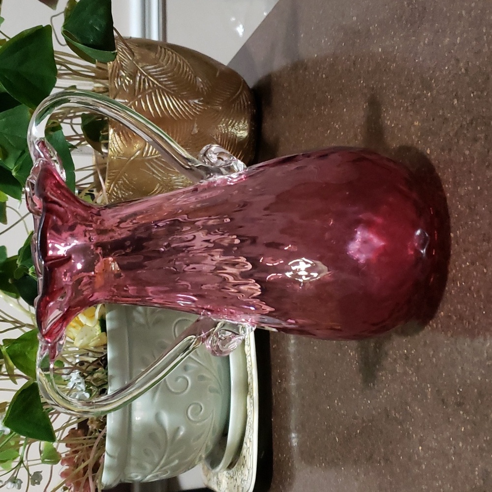 Vintage Cranberry Pink Hand Blown Glass Vase Double Handle